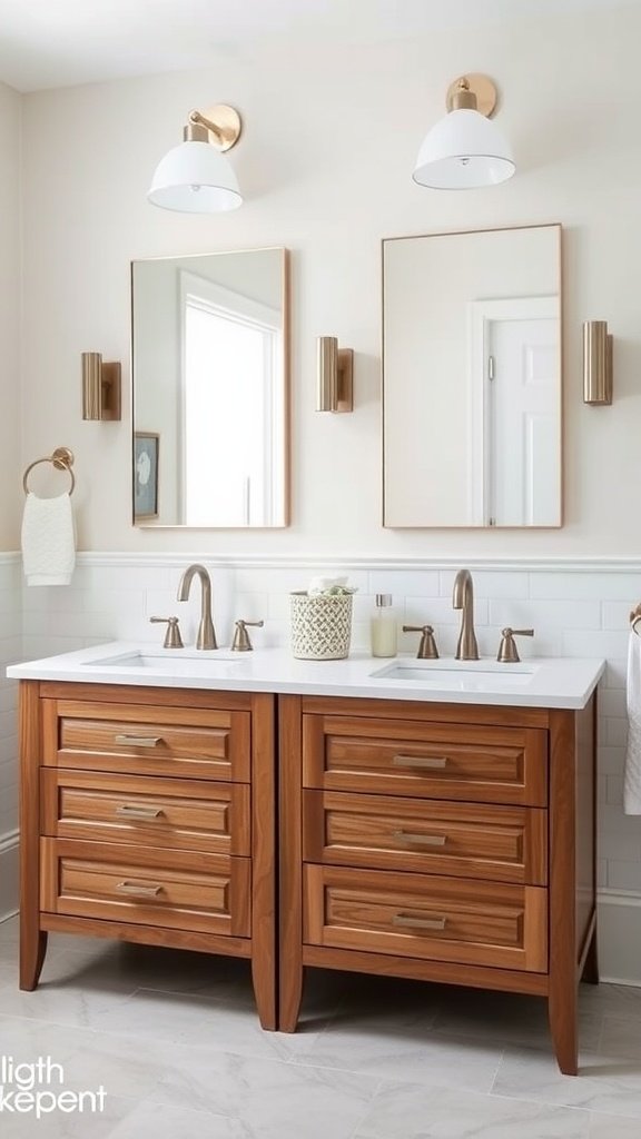 Modern bathroom with double vanity, warm wood tones, and stylish fixtures