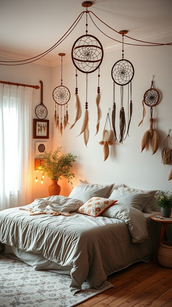 A cozy boho bedroom with dreamcatchers hanging from the ceiling and soft bedding.