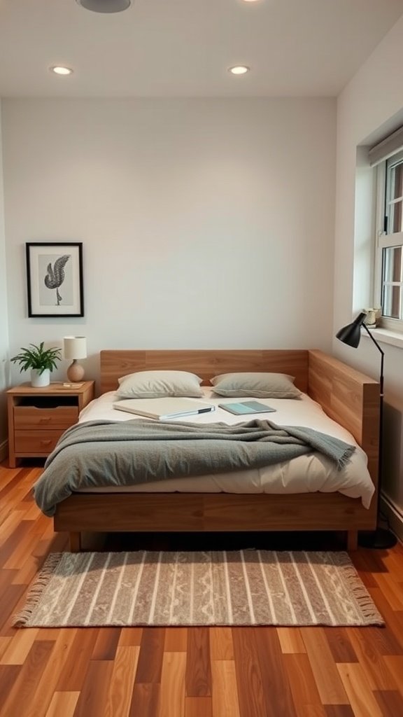 Cozy small bedroom with wooden furniture and a warm atmosphere