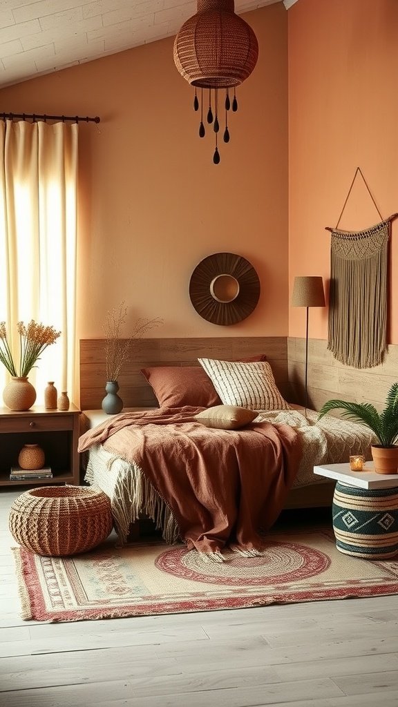 Boho bedroom featuring earthy tones with terracotta walls, a cozy bed, and natural decor.