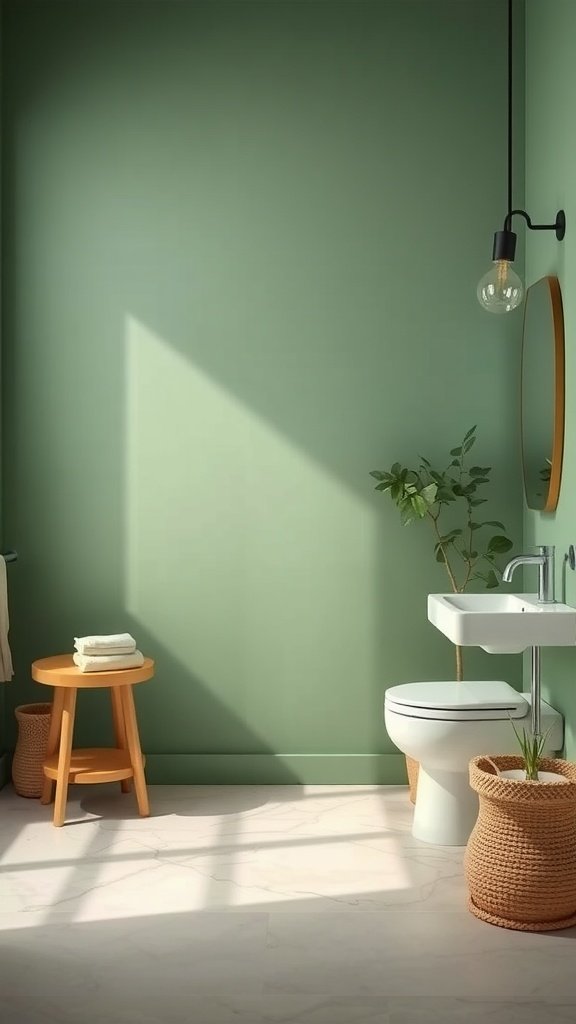 A bathroom featuring an earthy green color palette with a minimalist design.