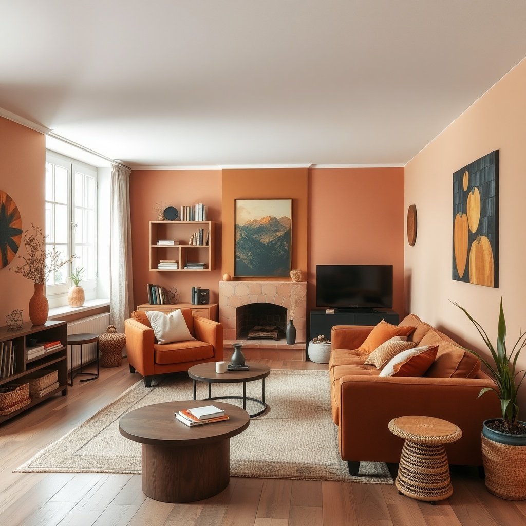 Cozy living room featuring earthy terracotta walls and furniture, creating a warm ambiance.