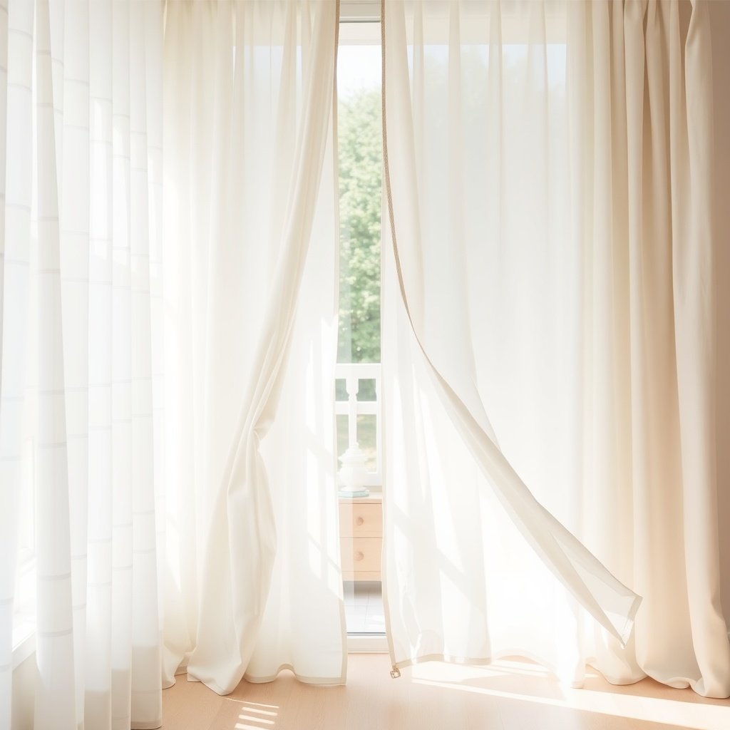 Light sheer curtains draping a window, allowing sunlight to filter through.