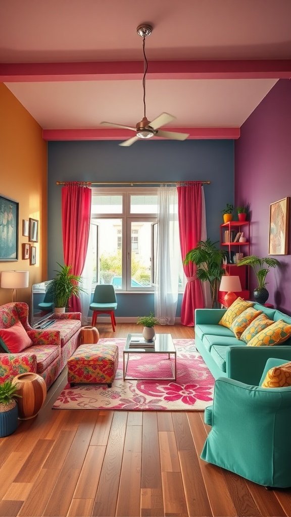 A vibrant living room featuring eclectic color palettes with colorful furniture and decor.