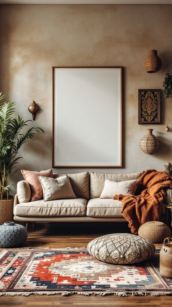 A cozy living room with a beige sofa, colorful rug, and eclectic decorations.