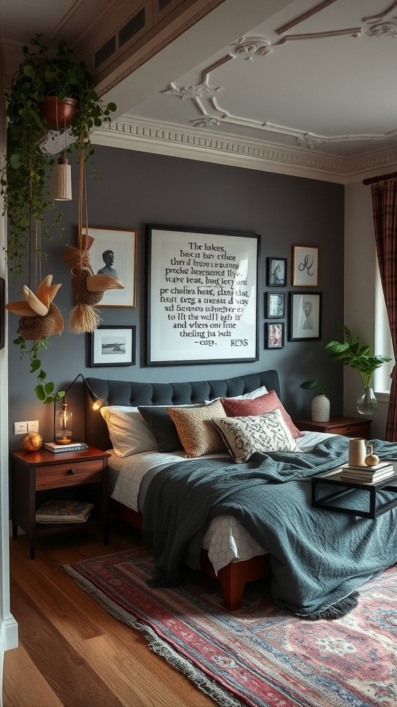 A cozy bedroom featuring a mix of décor styles, including plants, artwork, and various textures.