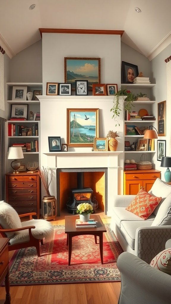 Cozy living room with eclectic decor, fireplace nook, and plush seating.