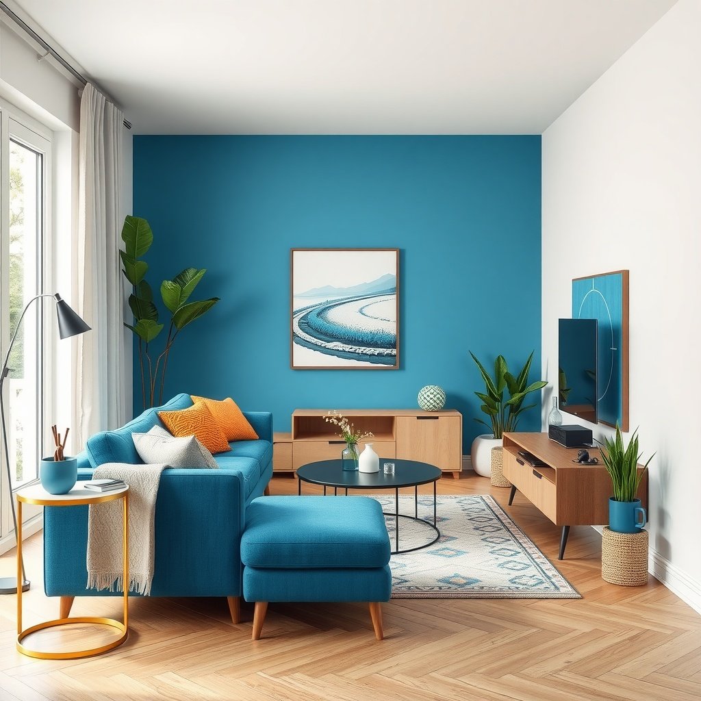 A small living room featuring electric blue walls and furniture, accented with vibrant decor.
