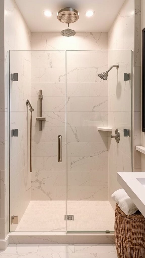 A modern barrier-free shower with glass walls and stylish fixtures, featuring a spacious design.
