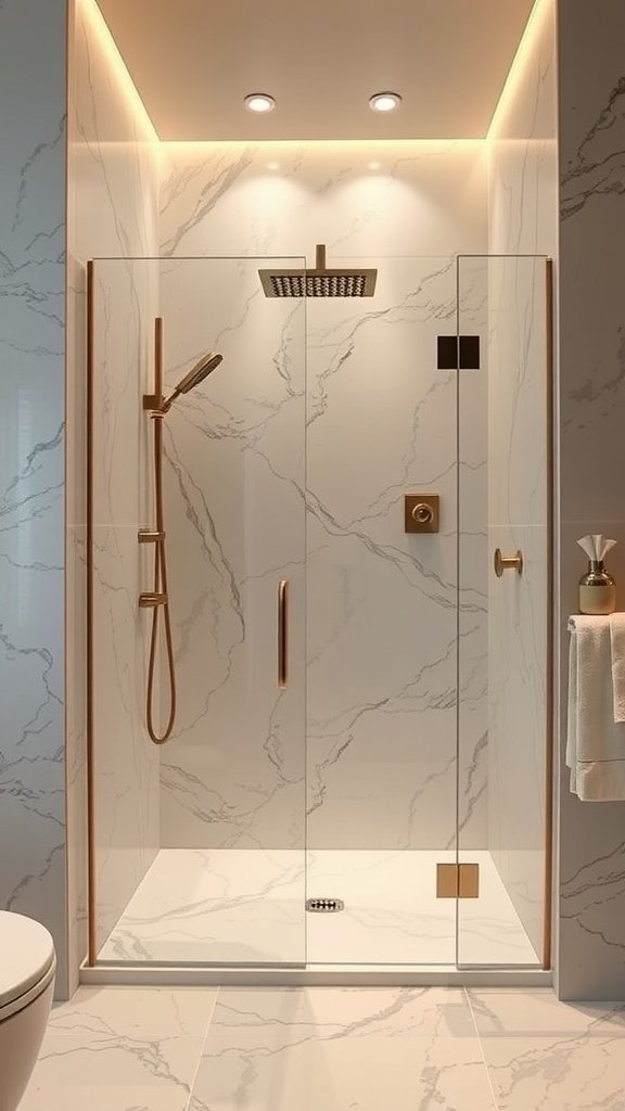 Elegant glass partition shower with marble walls and modern fixtures