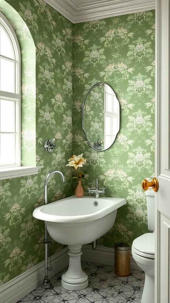 Elegant green floral wallpaper in a cozy bathroom setting