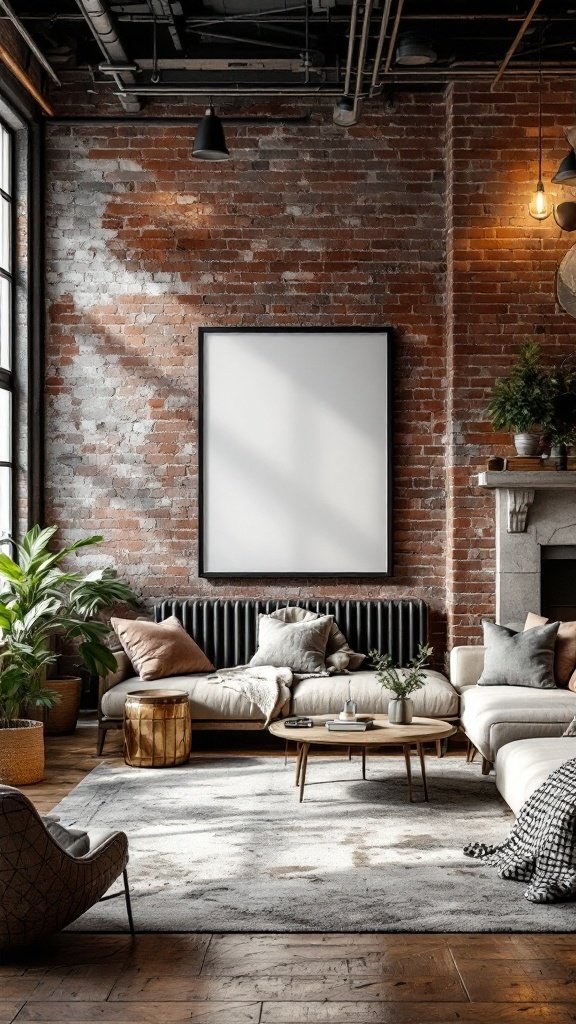 Elegant industrial chic living room with exposed brick walls, cozy furniture, and plants.