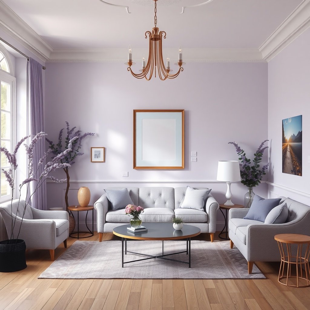 A small living room featuring elegant lavender walls, light furniture, and natural decor.