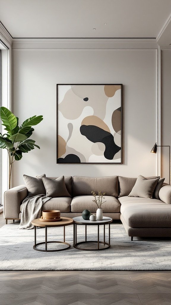 A cozy living room featuring a stylish sectional sofa, modern art, and natural elements.