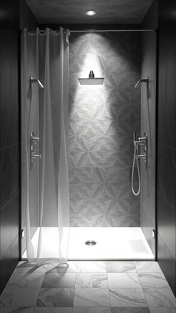 A modern shower featuring elegant sheer curtains and stylish fixtures, enhancing a spa-like atmosphere.