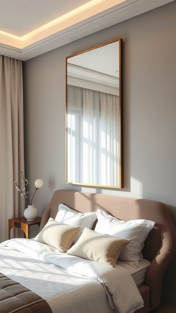 Cozy modern bedroom featuring an elegant wall mirror above the bed.