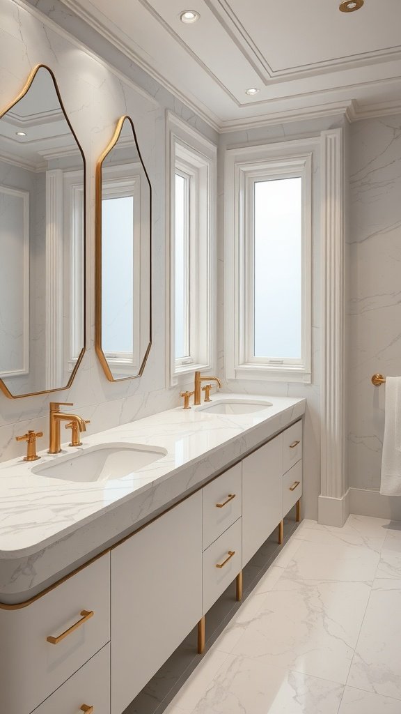 Elegant bathroom with white marble countertop and gold accents