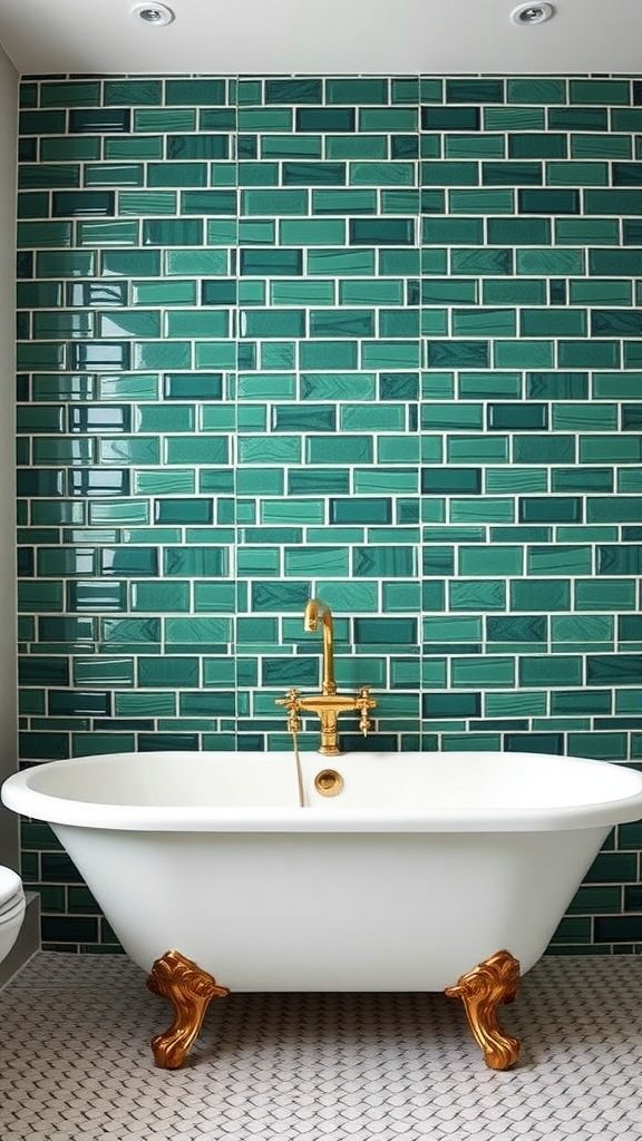 Emerald green accent tiles in a modern bathroom setting.