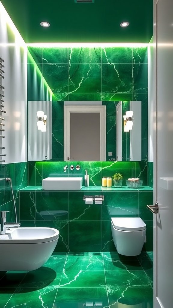 A bathroom featuring an emerald green accent wall with modern fixtures.