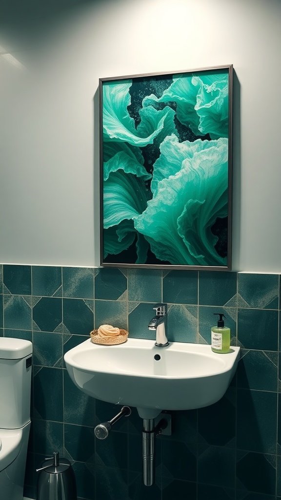 A piece of emerald green artwork hanging above a modern sink in a stylish bathroom.