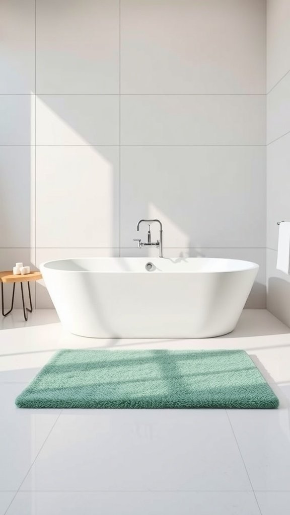 Emerald green bath mat in front of a white bathtub