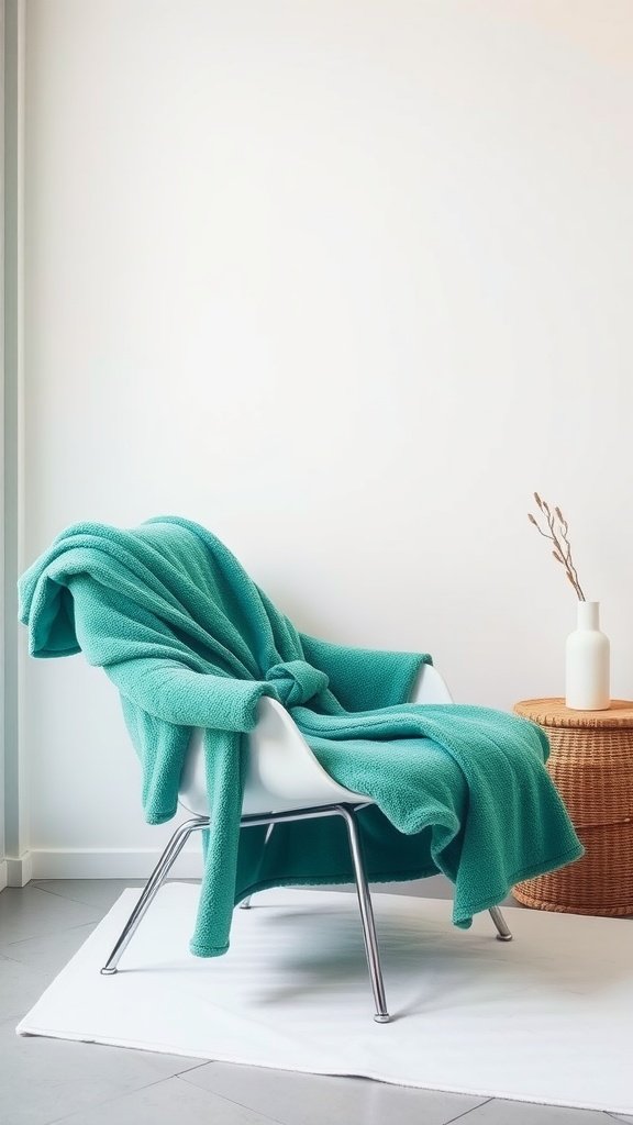 Emerald green bathrobe draped over a modern chair in a bathroom setting.