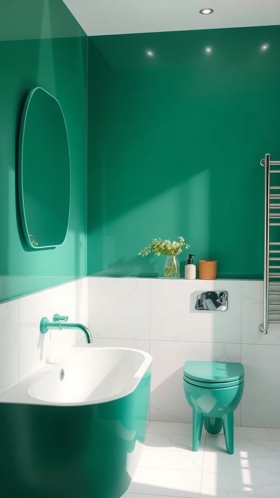 A modern bathroom with emerald green fixtures and decor