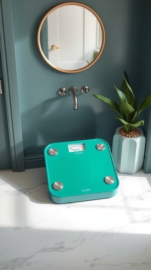 A stylish emerald green bathroom scale on a marble floor next to a plant and mirror.