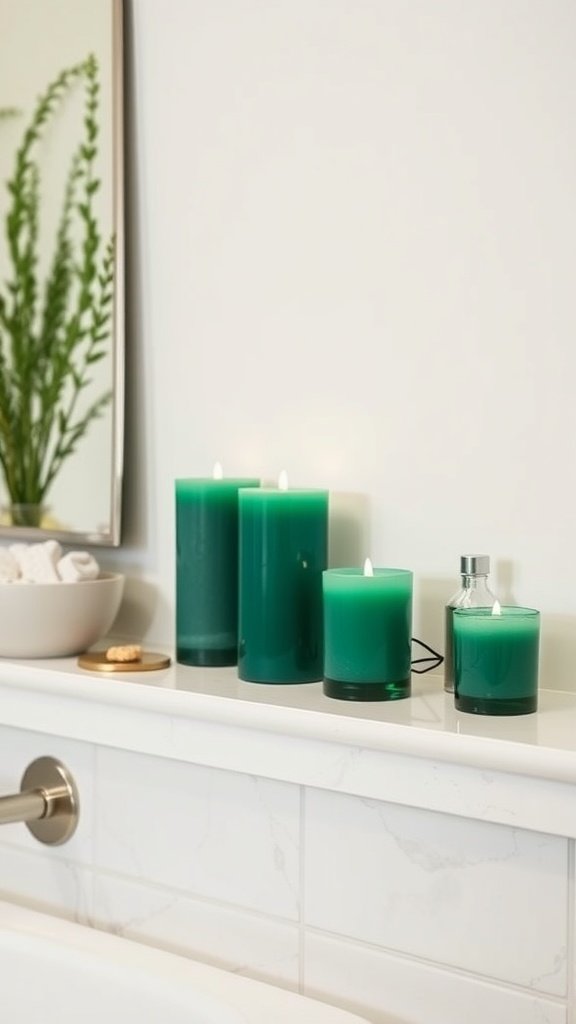 Emerald green candles arranged on a bathroom countertop with a mirror and plants.