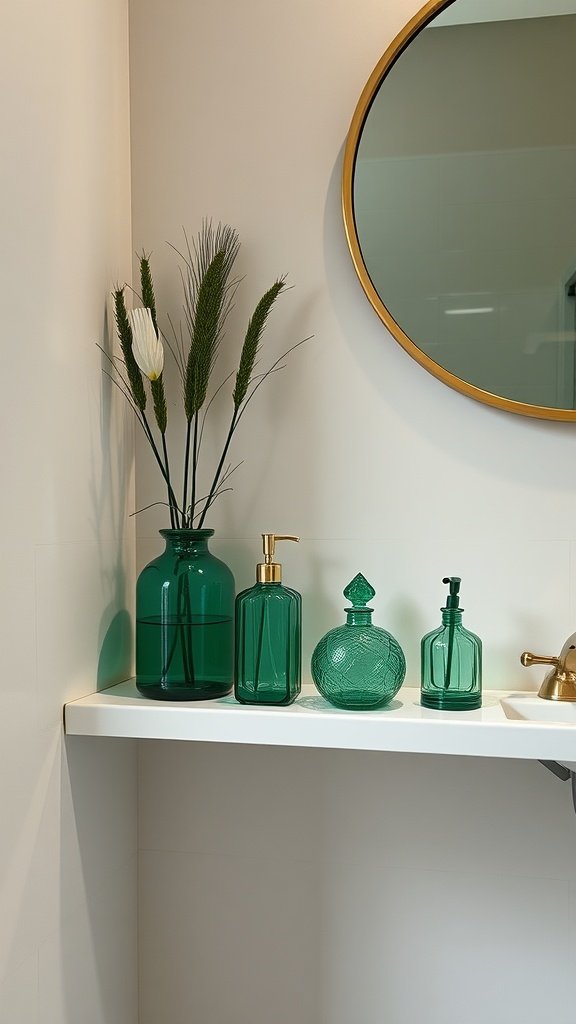 A collection of emerald green decorative accessories including bottles and a vase on a shelf.