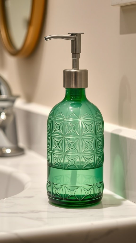 Emerald green hand soap bottle on a bathroom sink