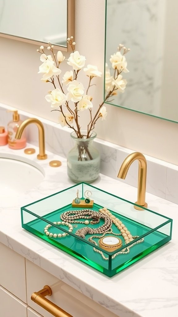 An emerald green jewelry tray on a bathroom countertop with various pieces of jewelry