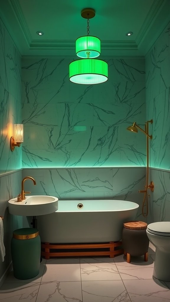 A stylish bathroom featuring emerald green lighting fixtures and modern decor.