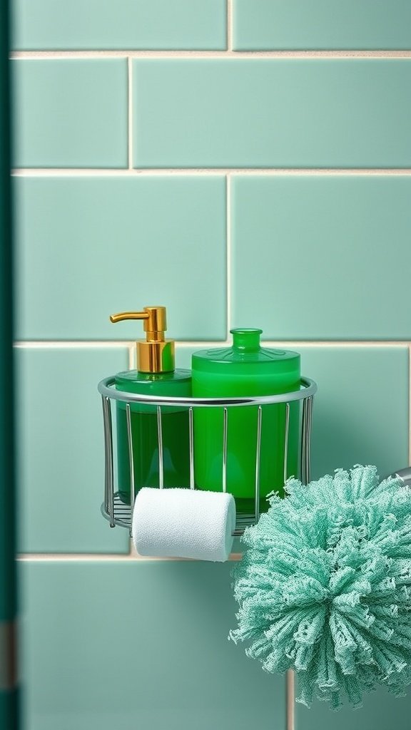 Emerald green shower accessories in a basket
