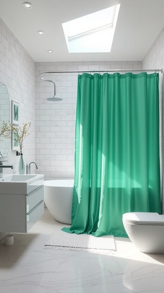 Emerald green shower curtain hanging in a stylish bathroom