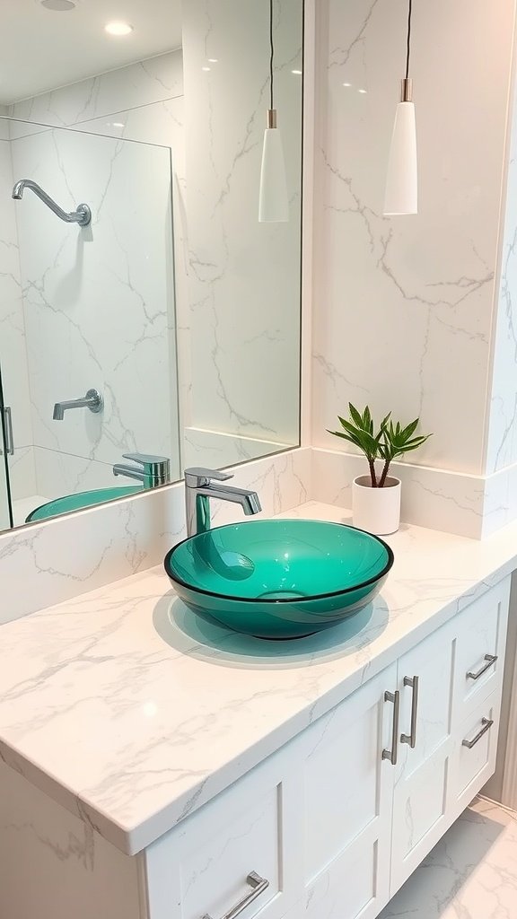 Emerald green sink and white countertop in a modern bathroom