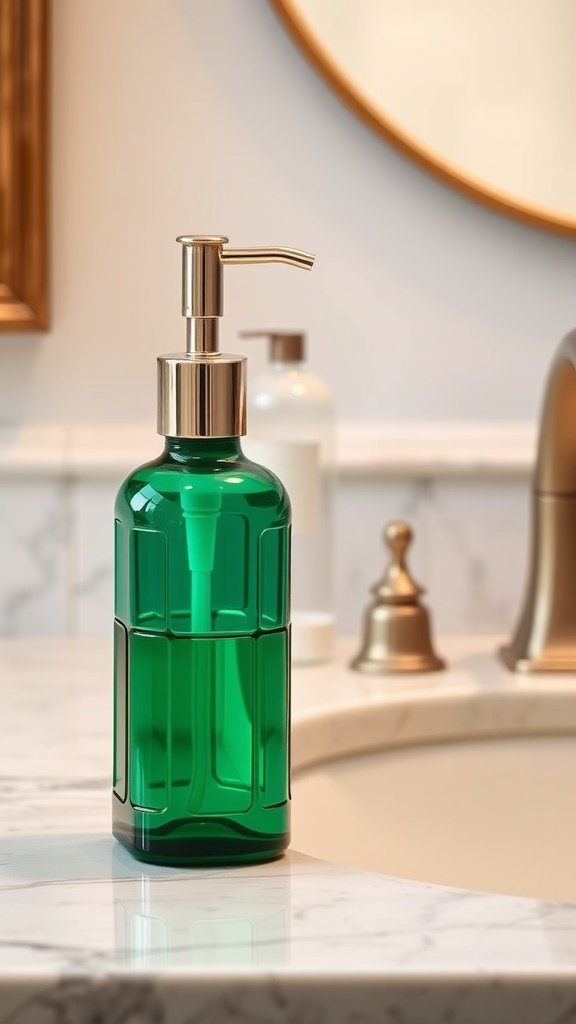 Emerald green soap dispenser on a marble bathroom countertop.