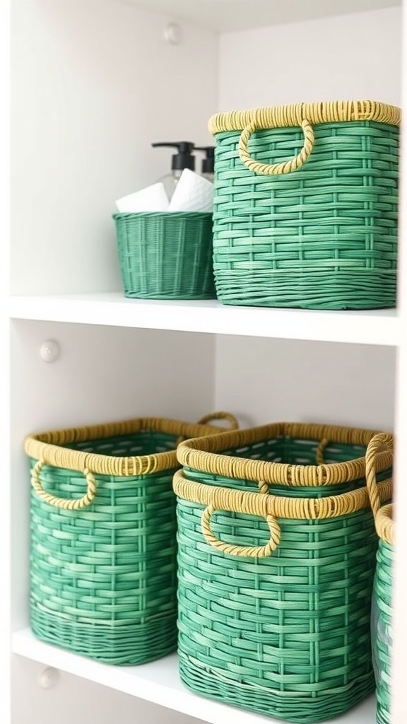 Emerald green storage baskets on a shelf