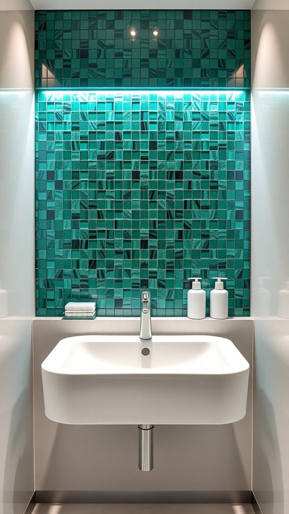 Emerald green tile backsplash in a modern bathroom with a basin and minimalist design.