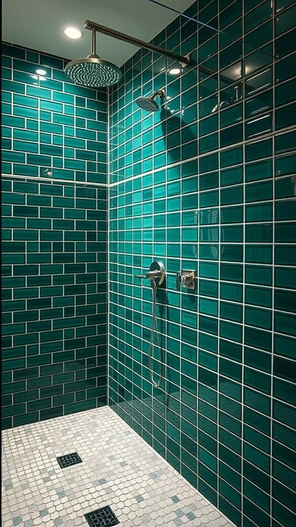 Emerald green tiled shower with modern fixtures and lighting.
