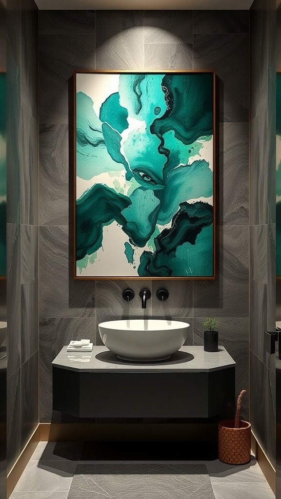 Emerald green abstract wall art in a modern bathroom setting