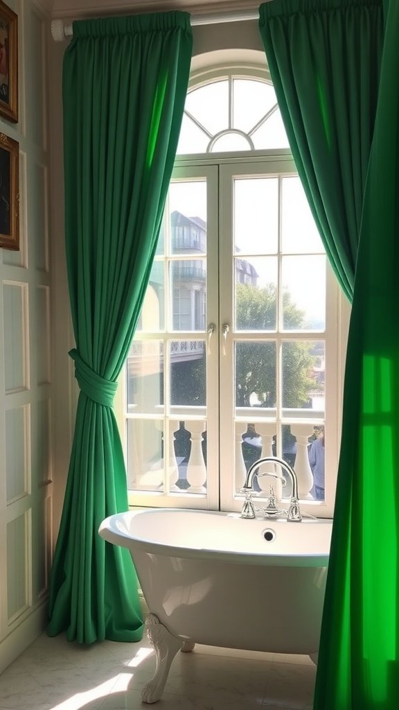 Luxurious emerald green curtains framing a sunny bathroom window with a freestanding bathtub.