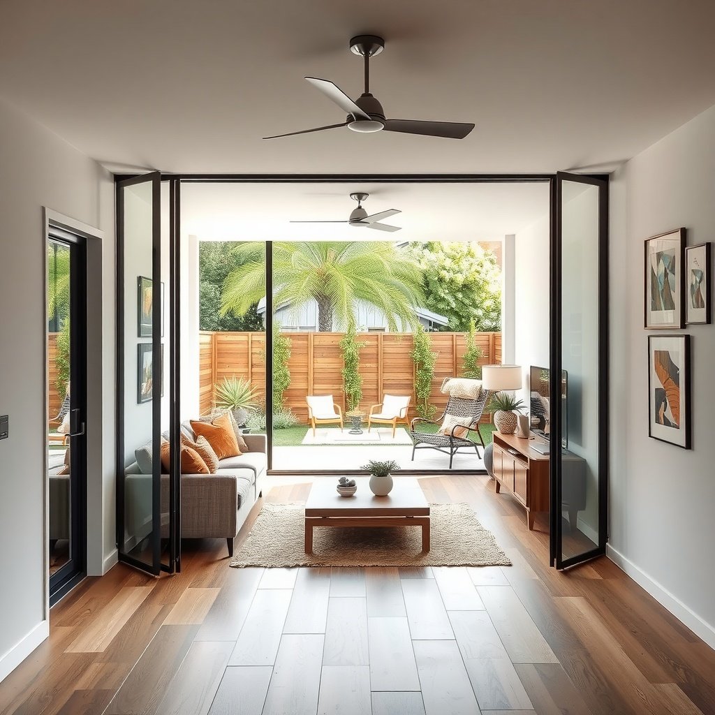 A modern small living room featuring sliding doors that open to a patio.