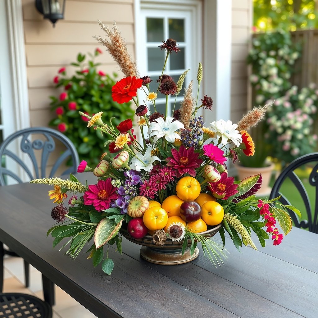 Colorful floral and fruit centerpiece on a patio table