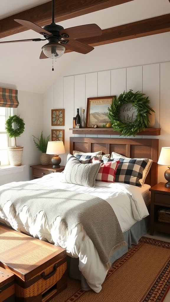 A cozy farmhouse bedroom with checkered bedding and warm wooden accents.