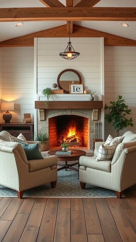 A cozy farmhouse living room featuring oversized chairs and a fireplace nook.