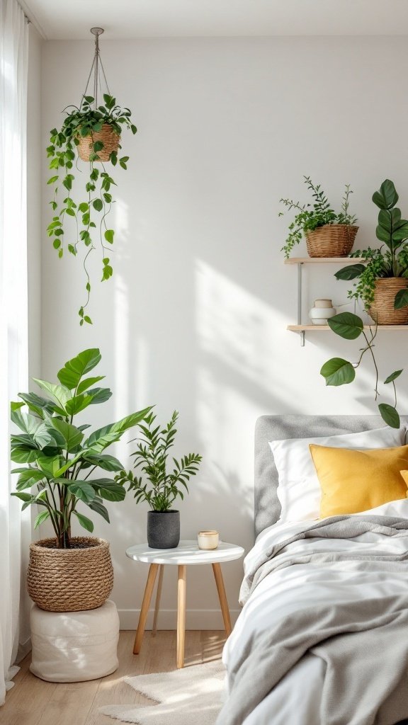 A cozy bedroom featuring faux greenery including hanging plants and potted plants