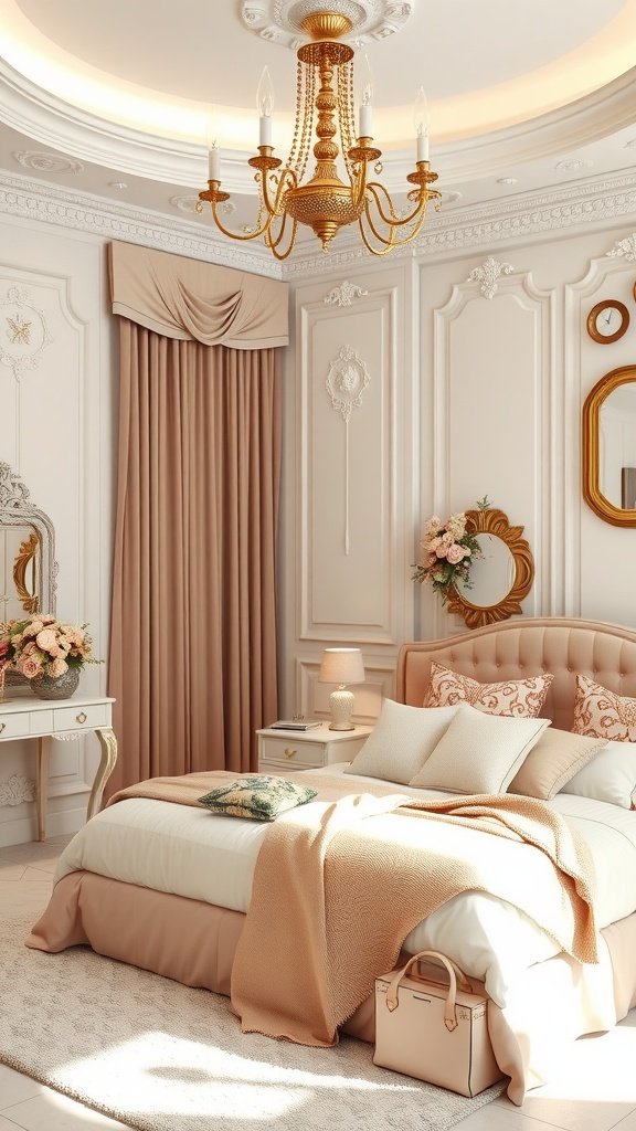A feminine bedroom with soft pink walls, delicate decor, and cozy neutral bedding.