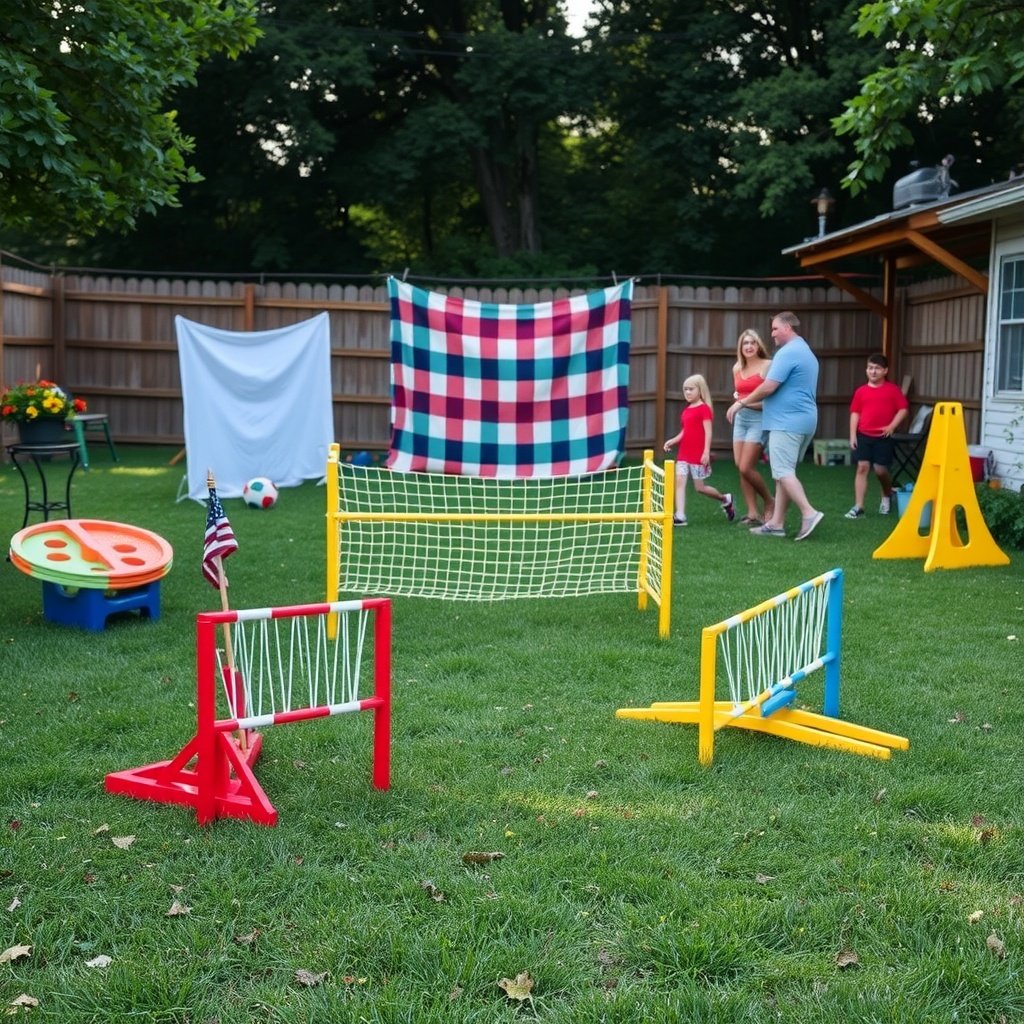 A colorful backyard setup with various outdoor games and family members enjoying summer activities.