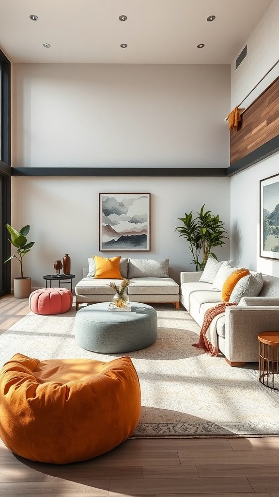 A contemporary living room featuring flexible seating with a mix of sofas and colorful poufs.